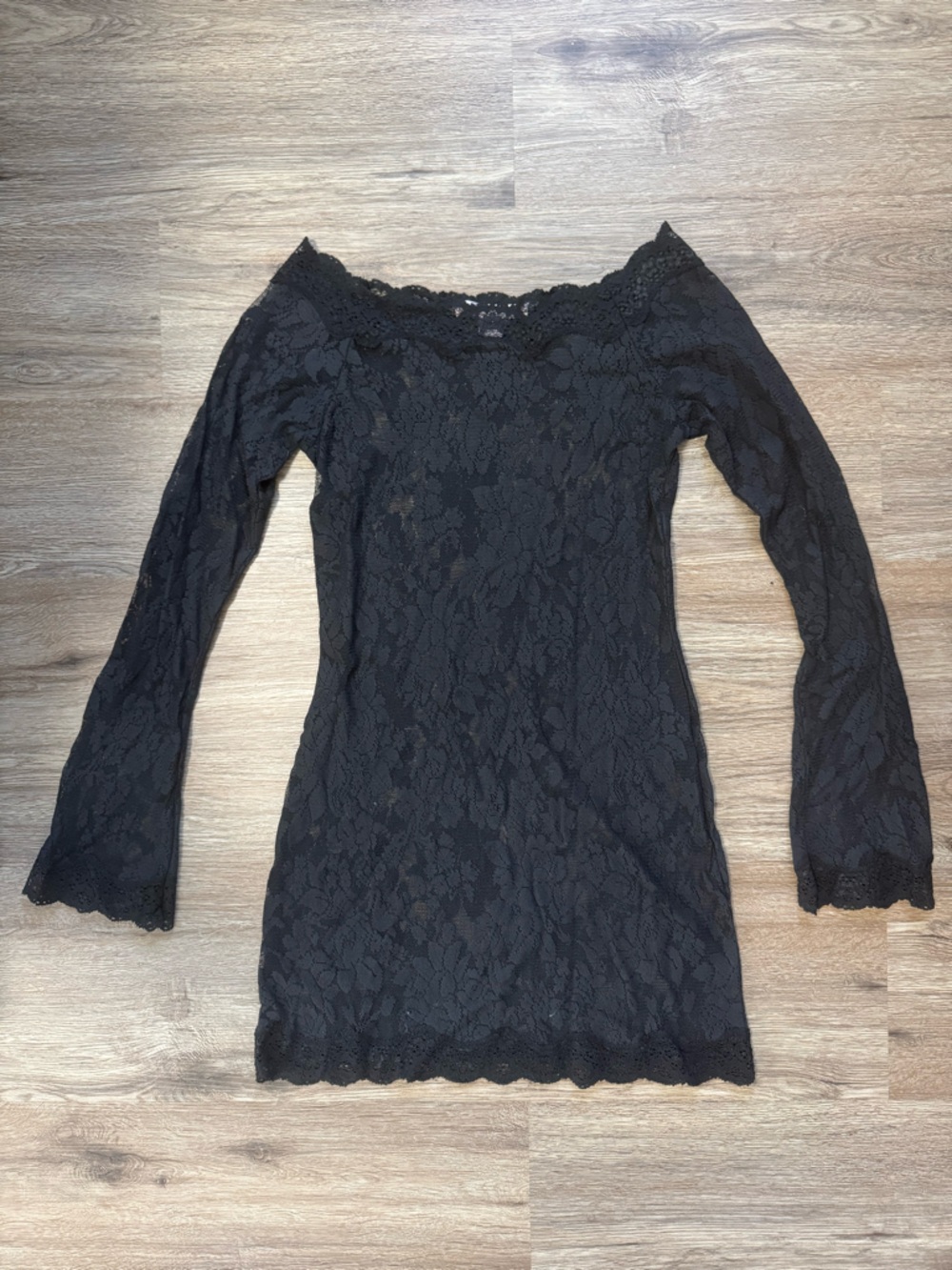 Vintage Y2K Victoria’s Secret Black Lace Mini Off Shoulder Bell Sleeve Dress